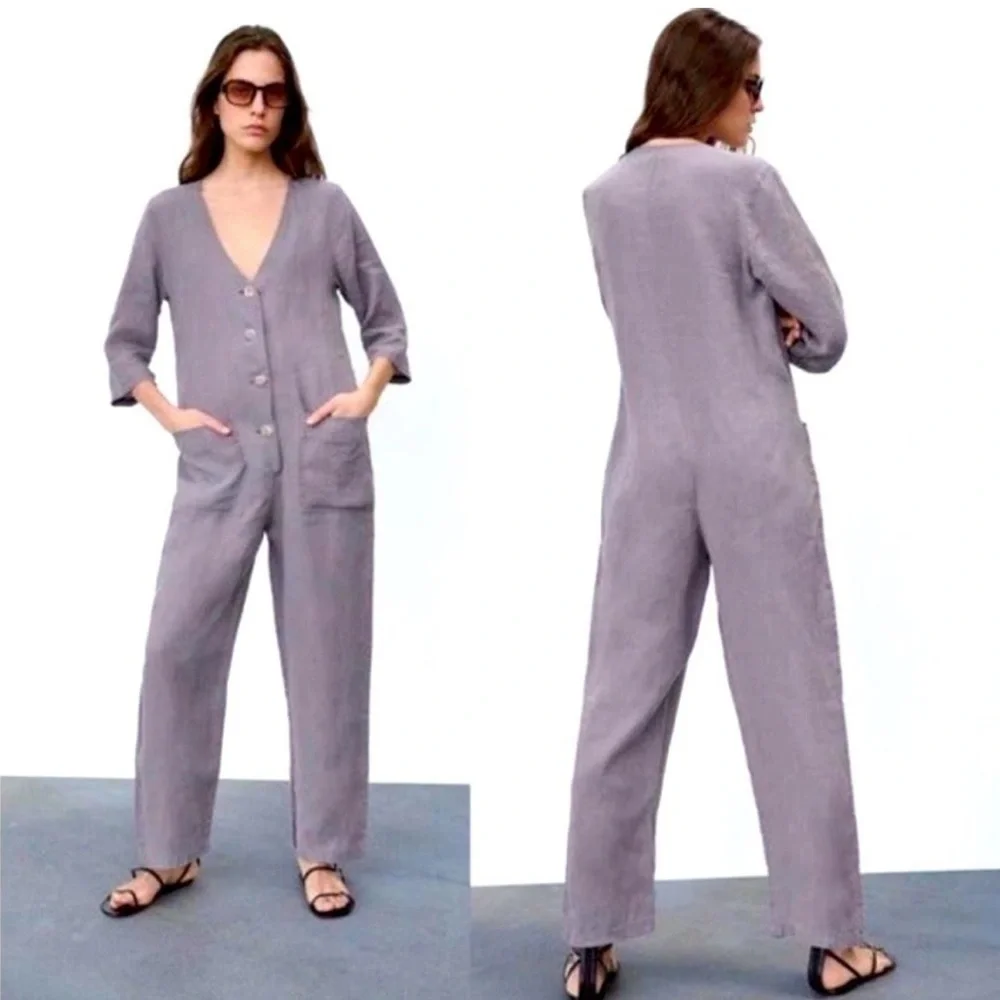 Zara The Lillian Jumpsuit Linen Size Small Gray Front Pockets V Neck Boiler Suit